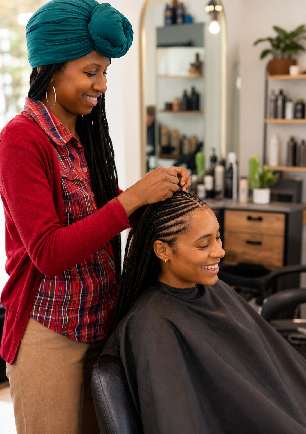 Hairstylist braiding a client's hair